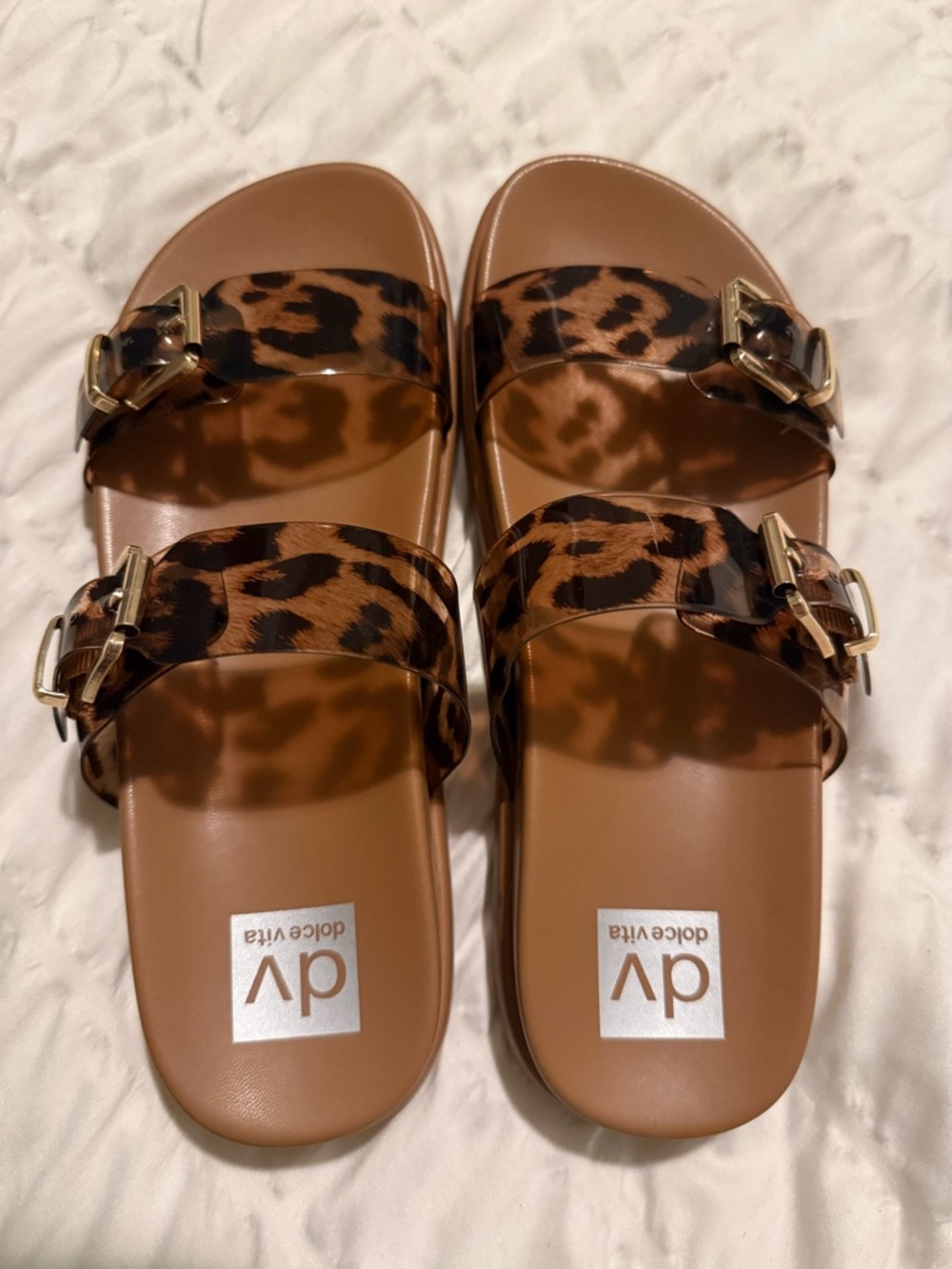 Dolce Vita Leopard-Print Double Buckle Slide Sandals in Brown